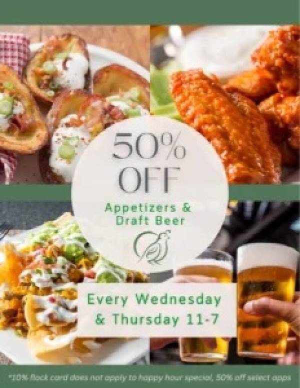 Wed/Thu 50% Off Apps Draft Beer